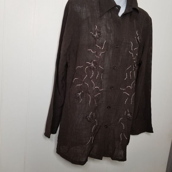 Women's Top Blouse Size Medium Brown Embroidered Long Sleeve New - Picture 2 of 11